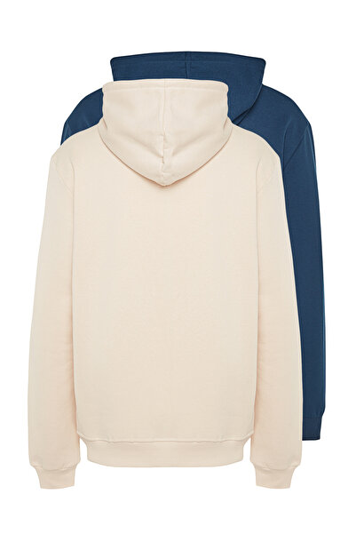 Trendyol Collection Námořnická modrá-béžová mikina s kapucí, běžný střih, 2 kusy, s fleecem uvnitř TMNAW24SW00000