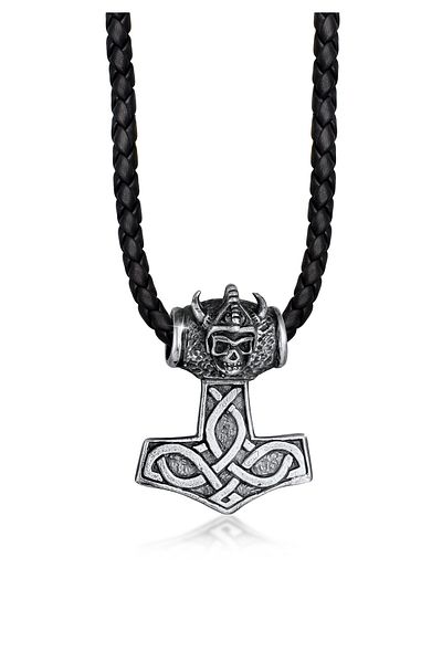 KUZZOI Halskette Leder Keltischer Knoten Thors Hammer 925 Silber