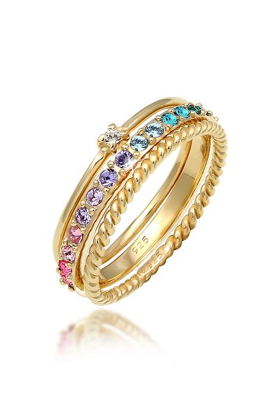 ELLI Ring Damen Set Multicolor funkelnd mit Kristallen bunt aus 925 Sterling Silber vergoldet