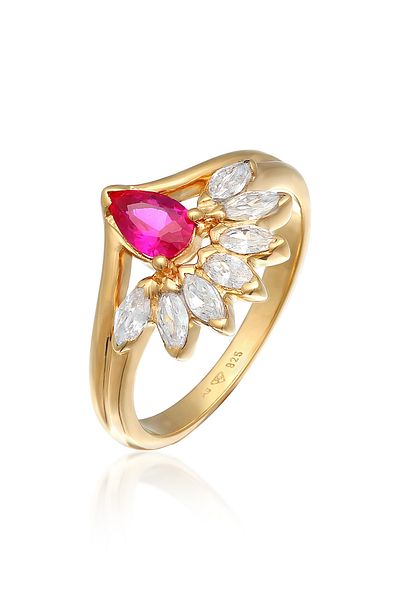 ELLI Ring Damen Glamourös Oval Mit Synth. Rubin Und Zirkonia In 925 Sterling Silber Vergoldet