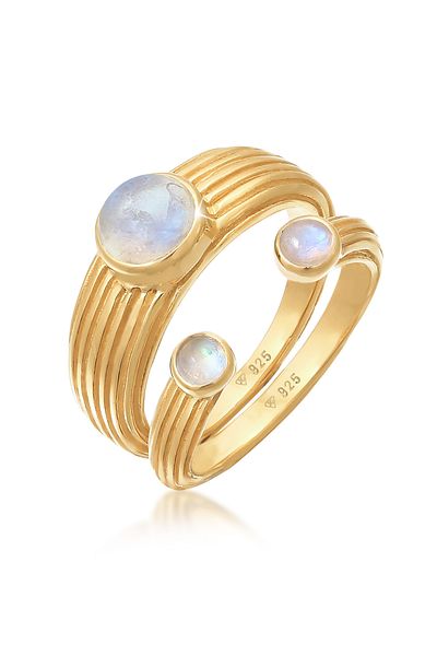 ELLI Ring Damen Siegelring Set offen klassisch mit Mondstein in 925 Sterling Silber vergoldet