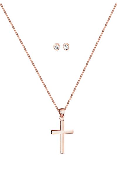ELLI Schmuckset Kette Stecker Kreuz Kristalle Silber