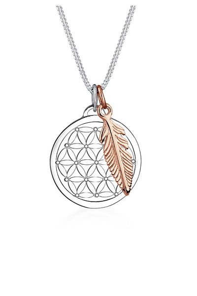 ELLI Halskette Damen Blume des Lebens Feder Anhänger Bicolor aus 925 Sterling Silber