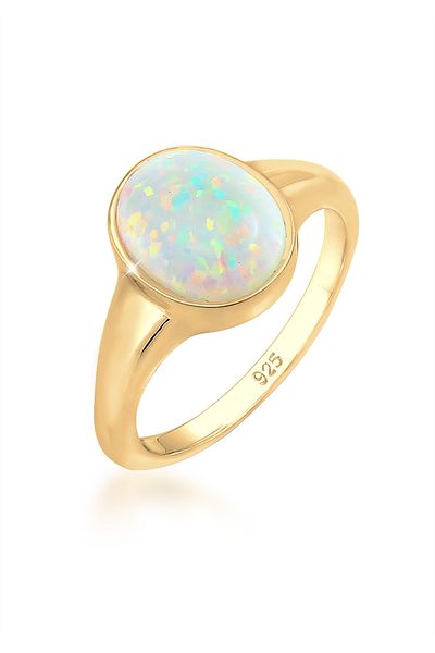 ELLI Ring Damen Siegelring Trend mit synthetischem Opal aus 925 Sterling Silber vergoldet
