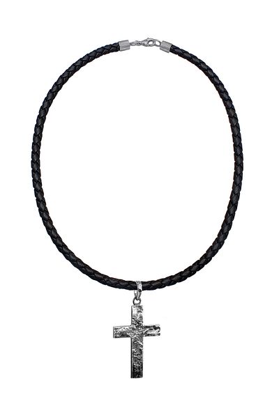 KUZZOI Halskette Männerkette Kreuz Oxidiertes Leder 925 Silber