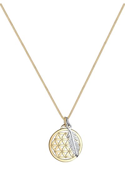 ELLI Halskette Damen Blume des Lebens Feder Anhänger Bicolor aus 925 Sterling Silber