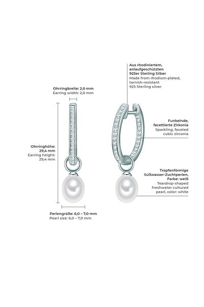 Valero Pearls Silberohcreolen Creolen Sterling Silber Süßwasser-Zuchtperle weiß Zirkonia weiß