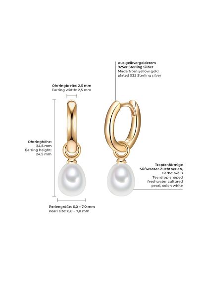 Valero Pearls Silberohrcreolen Creolen Sterling Silber gelbgold Süßwasser-Zuchtperle weiß