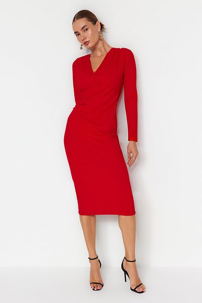 Trendyol Collection Long Sleeve Gather Detailed Red Midi Knitted Dress - Double Breasted Collar, Body Fitted TWOAW24EL00826