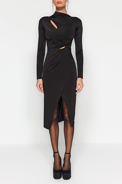 Trendyol Collection Rochie de seară midi neagră, elegantă, rochie de absolvire de noapte