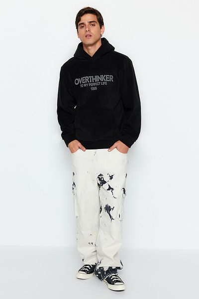 Trendyol Collection Black Regular/Normal Cut Hooded Printed Warm Thick Fleece/Plush Sweatshirt TMNAW24SW00027