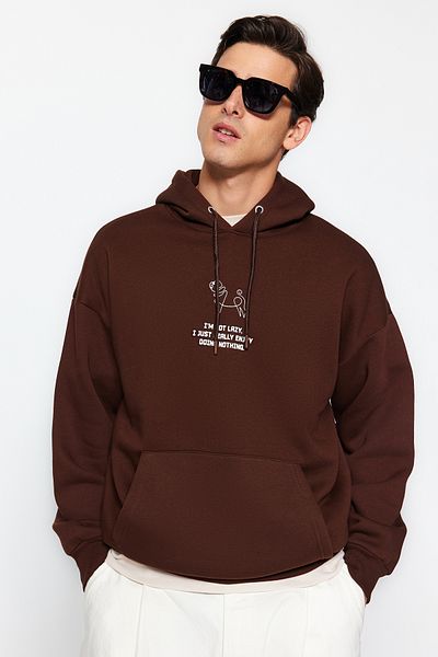 Trendyol Collection Καφέ φούτερ με κουκούλα με κουκούλα με στάμπα ζώων με φαρδιά κοπή TMNAW24SW00078