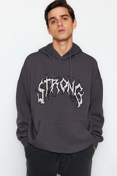 Trendyol Collection Φούτερ από φλις ανθρακί/ζεστή μπλούζα με κουκούλα υπερμεγέθη - TMNAW24SW00029