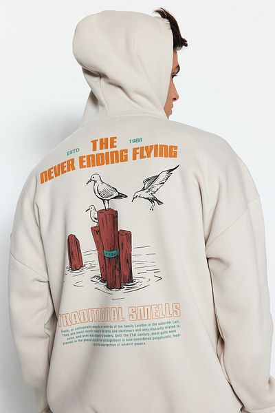 Trendyol Collection Fleece-Sweatshirt mit Kapuze und Tiermuster - Übergröße, Stein TMNAW24sw00136