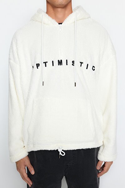 Trendyol Collection Світшот оверсайз Pelus екрю з напівзастібкою-блискавкою та шнуром TMNAW24SW00042