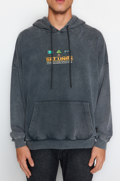 Trendyol Collection Anthracite Color Game Printed Oversize Sweatshirt - Vintage Detailed TMNAW24SW00140