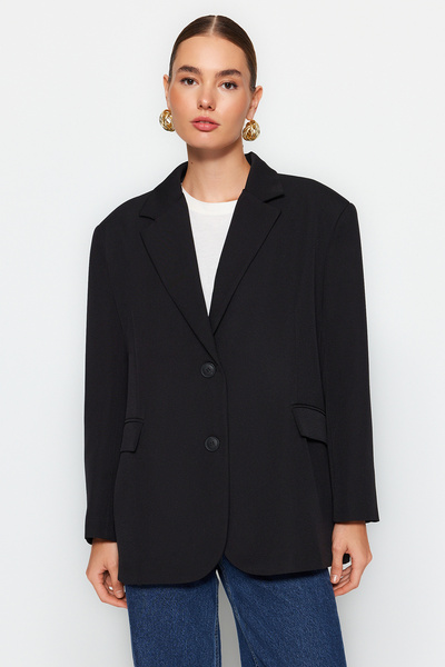 Trendyol Collection Schwarzer gewebter Blazer in Übergröße TWOAW24BC00107