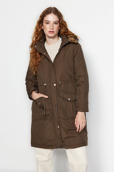 Trendyol Collection Khakifarbener, wasserabweisender, langer Parka mit Fellkapuze TWOAW24KB00111