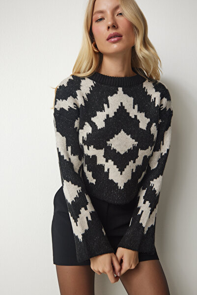 Happiness İstanbul Pulover de damă, negru, bej, tricot cu model BV00104