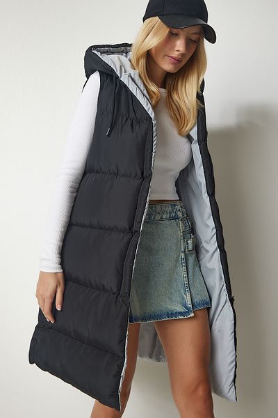 Happiness İstanbul Women's Black Gray Hooded Long Puffer Vest VP00002