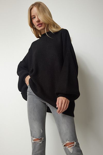 Happiness İstanbul Pulover de damă negru oversize tricot de bază mx00126