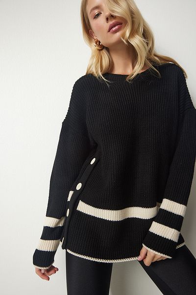 Happiness İstanbul Damski sweter z dzianiny w kolorze czarnym, zapinany na guziki MX00139