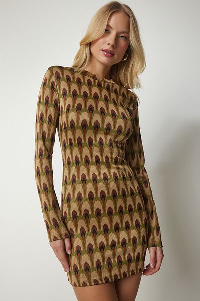 Happiness İstanbul Rochie de damă, bej, verde, cu guler înalt, cu model, din tricotaje UB00173