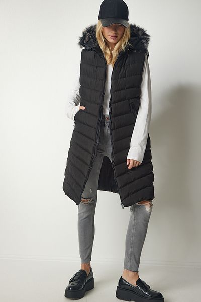 Happiness İstanbul Women's Black Furry Hooded Long Puffer Vest HK00025