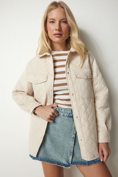 Happiness İstanbul Cremefarbene Nubukjacke für Damen mit Taschen UB00158