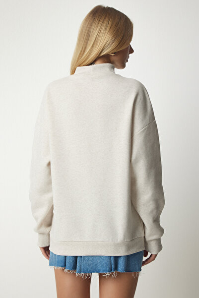 Happiness İstanbul Dámská béžová mikina se stojáčkem Basic žebrovaná mikina UB00166