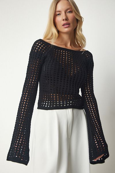Happiness İstanbul Schwarzer Damen-Kurzpullover mit durchbrochenem U-Boot-Ausschnitt und Strickmuster PF00016