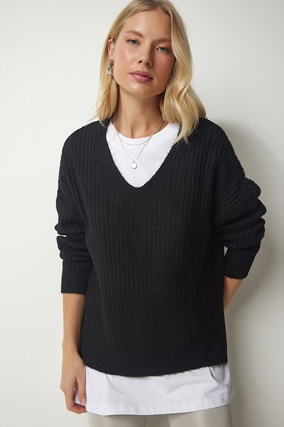Happiness İstanbul Pulover de damă negru cu decolteu în V texturat tricotaj PF00011