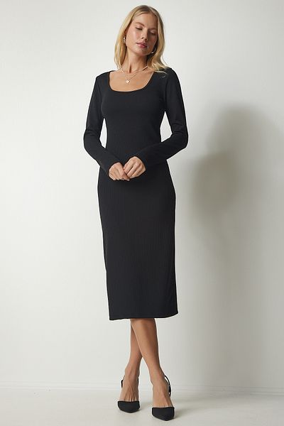 Happiness İstanbul Women's Black Deep U-Neck Midi Camisole Dress UB00167
