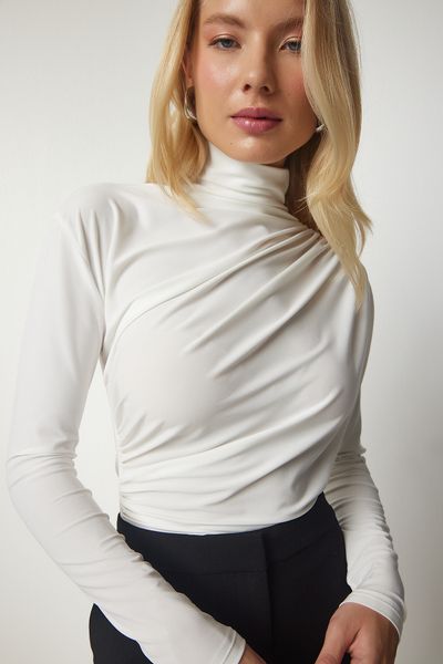 Happiness İstanbul Ecrufarbene, detaillierte Sandy-Bluse mit hohem Kragen für Damen FF00135