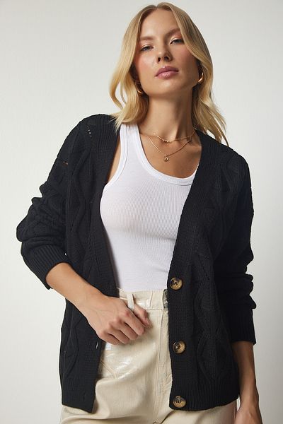 Happiness İstanbul Women's Black Knitted Motif Openwork Sweater Cardigan PF00014