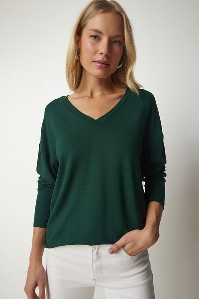 Happiness İstanbul Smaragdgrüne Strickbluse mit V-Ausschnitt für Damen UB00150