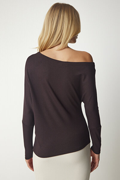Happiness İstanbul Dámská tmavě hnědá blůza s lodním výstřihem UB00151
