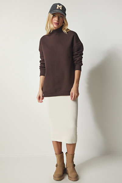 Happiness İstanbul Dámská hnědá mikina se stojáčkem Basic žebrovaná mikina UB00166