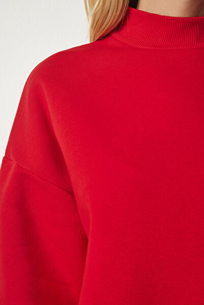 Happiness İstanbul Női piros állógalléros Basic bordás pulóver UB00166