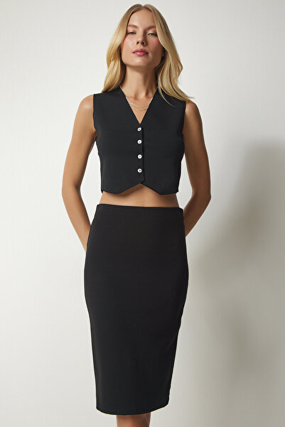 Happiness İstanbul Fekete hasított acél kötött női szoknya UB00162