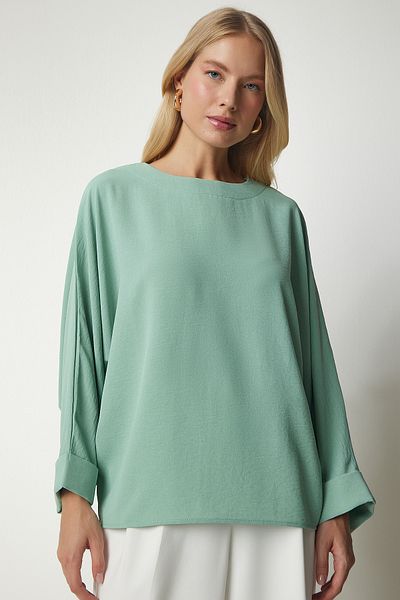 Happiness İstanbul Women's Aqua Green Bat Sleeve Flowy Ayrobin Blouse TO00084