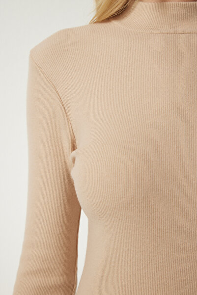 Happiness İstanbul Dámský velbloudí rolák Šála Saran Žebrované pletené šaty HJ00004