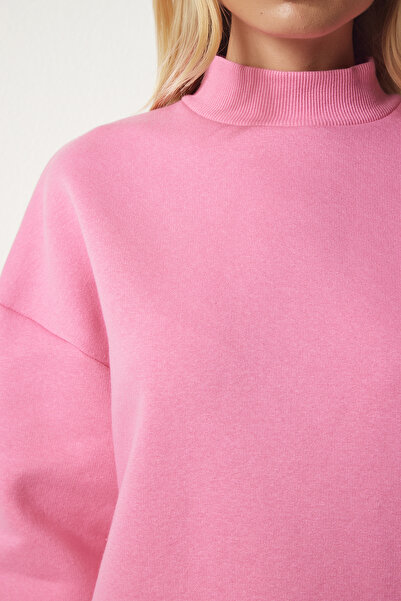 Happiness İstanbul Női világos rózsaszín állógallér Basic bordás pulóver UB00166
