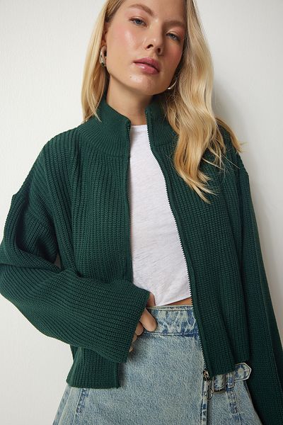 Happiness İstanbul Women's Emerald Green Zippered Knit Cardigan YY00172