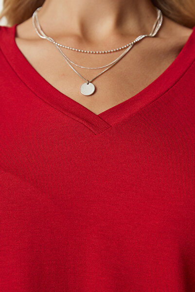 Happiness İstanbul Női piros V-nyakú kötött blúz UB00150