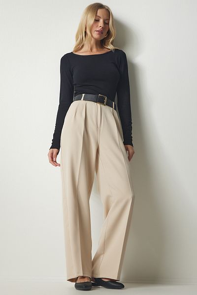 Happiness İstanbul Dámské krémové kalhoty Pocket Palazzo DW00001