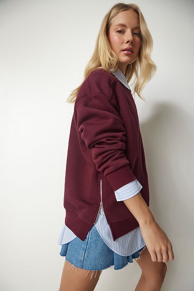 Happiness İstanbul Burgunderrotes Strick-Sweatshirt mit Reißverschluss und Reliefmuster für Damen UB00148