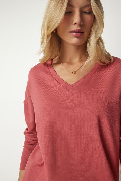 Happiness İstanbul Γυναικεία πλεκτή μπλούζα Dusty Rose V-Neck UB00150