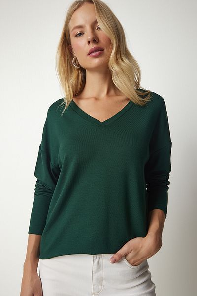 Happiness İstanbul Smaragdgrüne Strickbluse mit V-Ausschnitt für Damen UB00150
