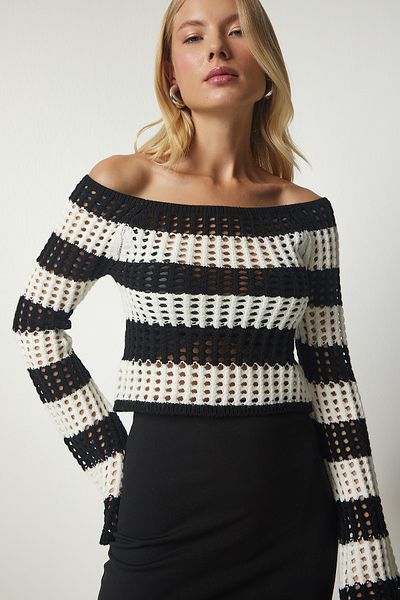 Happiness İstanbul Schwarzer, ecrufarbener, kurzer Strickpullover mit U-Boot-Kragen für Damen, PF00016